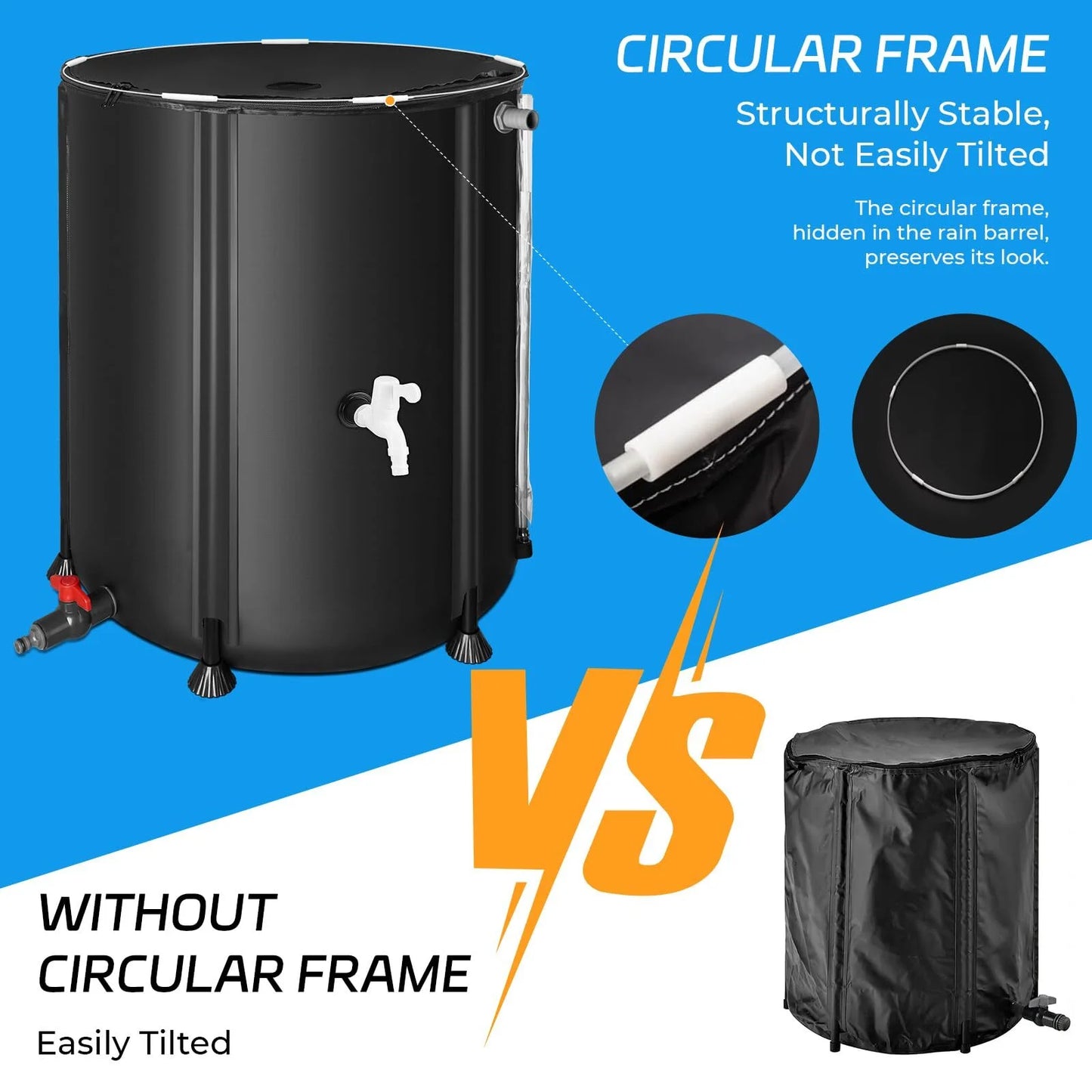 Collapsible Rain Barrel 53 Gallon Rainwater Collection Storage Tank with Garden Hose, Black