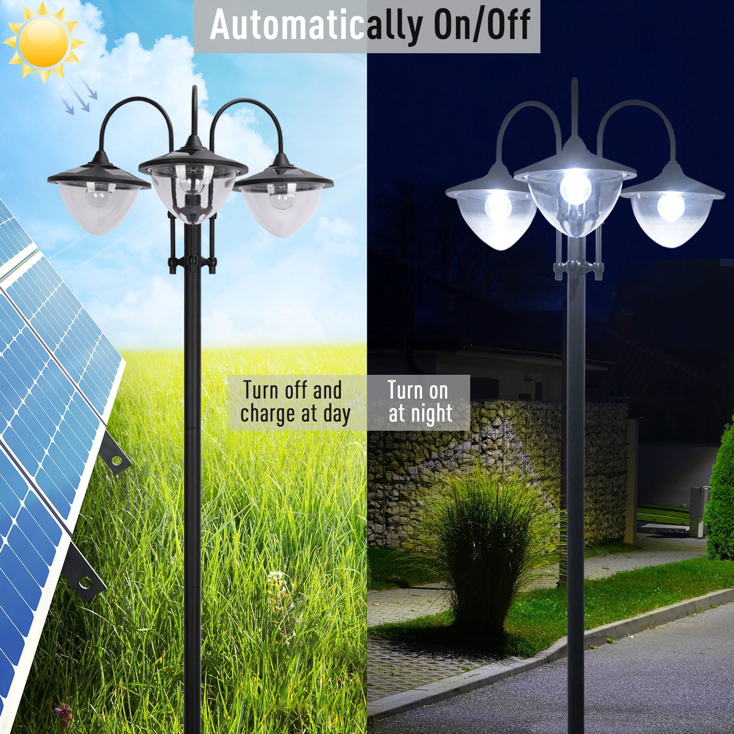 3-Head Solar Lamp Post with Planter Box — 74.5" Outdoor LED Pole Light