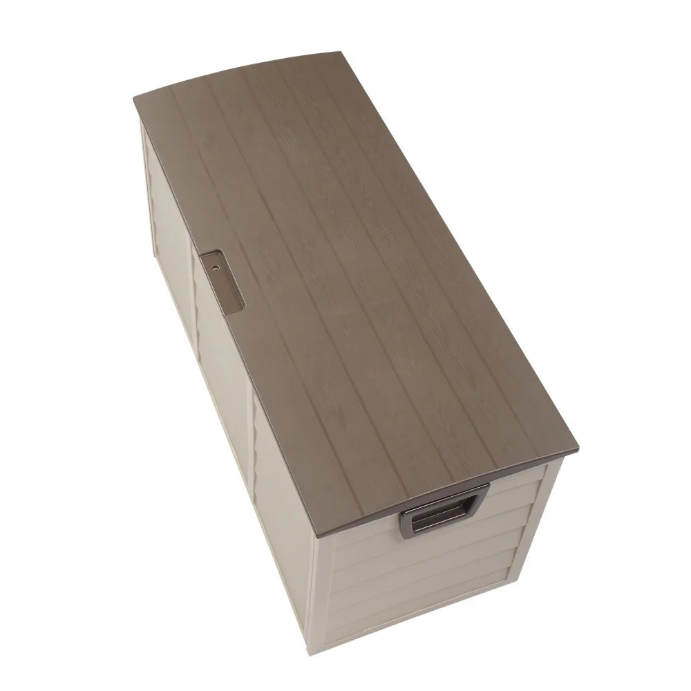 75 Gallon Plastic Yard Storage Box with 2 Wheels & Lockable Seat, Outdoor Storage Deck Box Chest for Backyard, Porch, Patio, Garden, All-Weather Storage Container for Tools, Toys, Brown