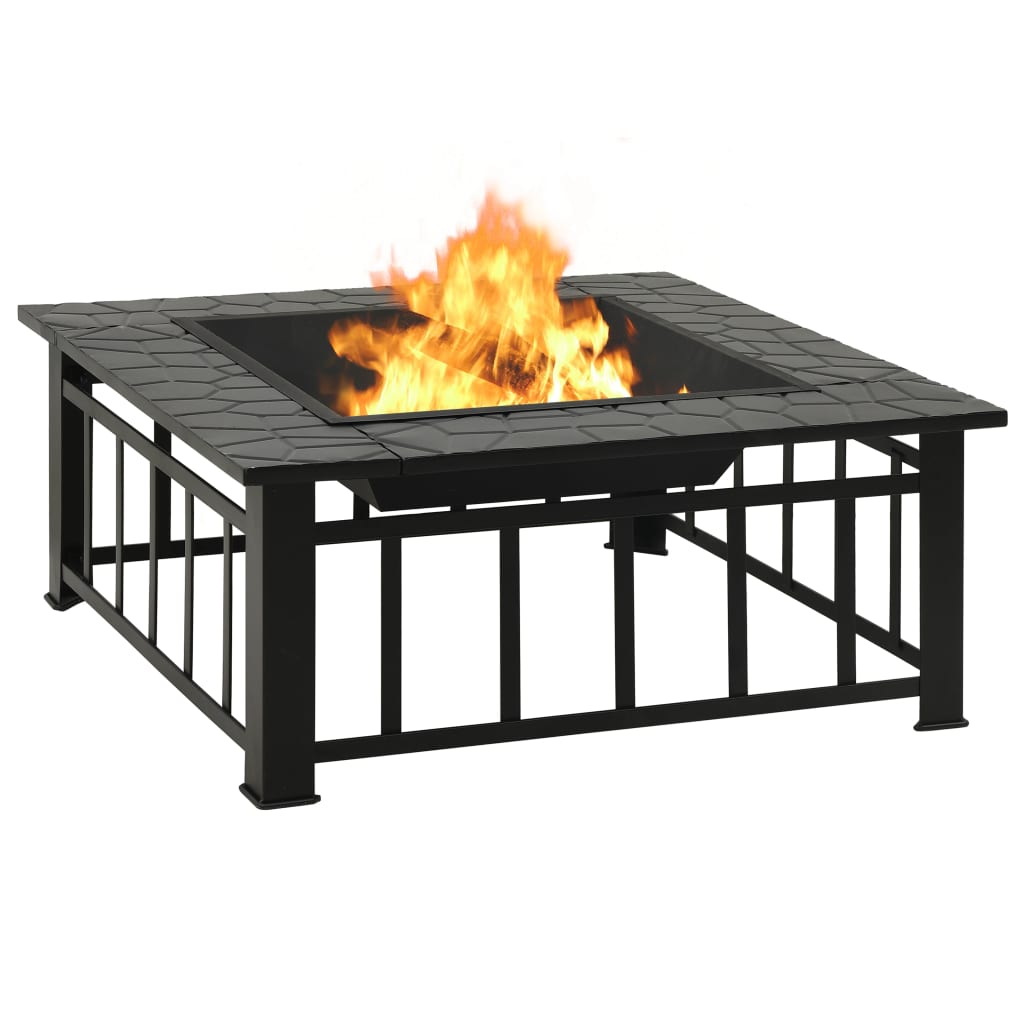 Fire Pit with Poker & Spark Screen - 79x79cm Steel Outdoor Fire Bowl