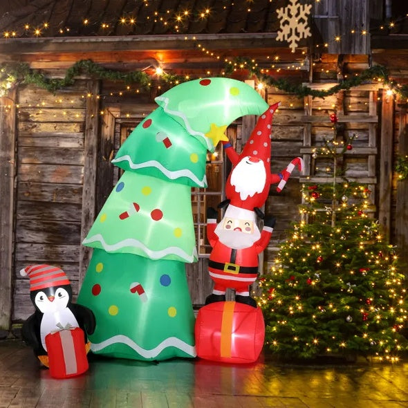 6ft Inflatable Christmas Tree with Santa Elf Penguin - LED Yard Decoration