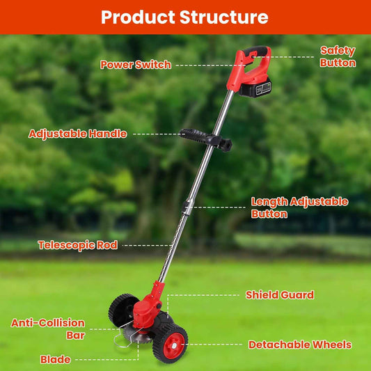 Cordless Grass Trimmer with Wheels - 800W, 3-in-1, Dual Battery