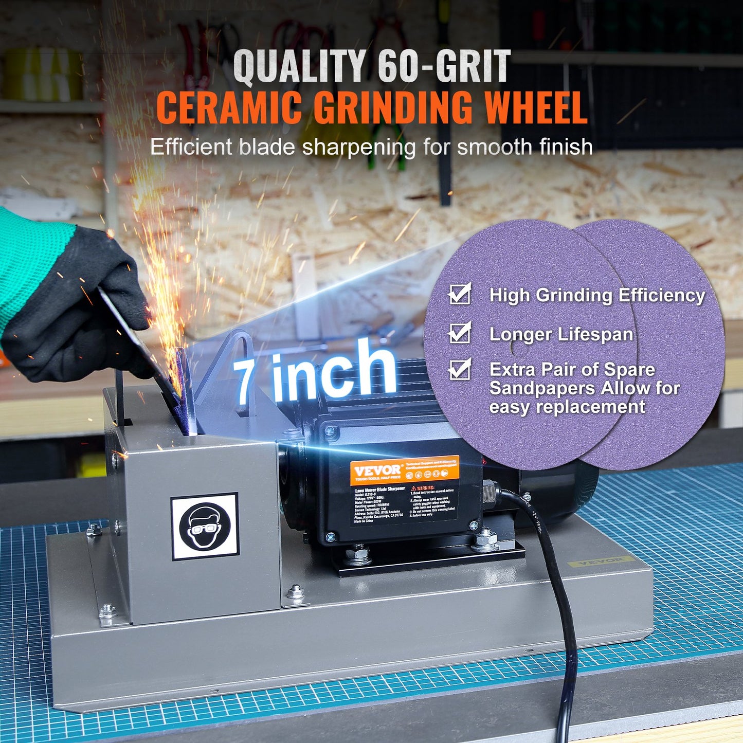 VEVOR 500W Lawn Mower Blade Sharpener with 7" Ceramic Wheel