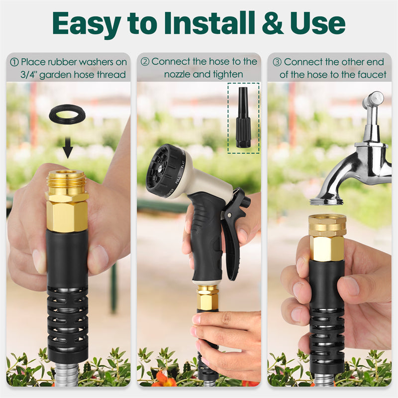 Stainless Steel Metal Garden Hose — Kink Free, 10-Pattern Spray Nozzle, 2 Nozzles | 50FT & 100FT