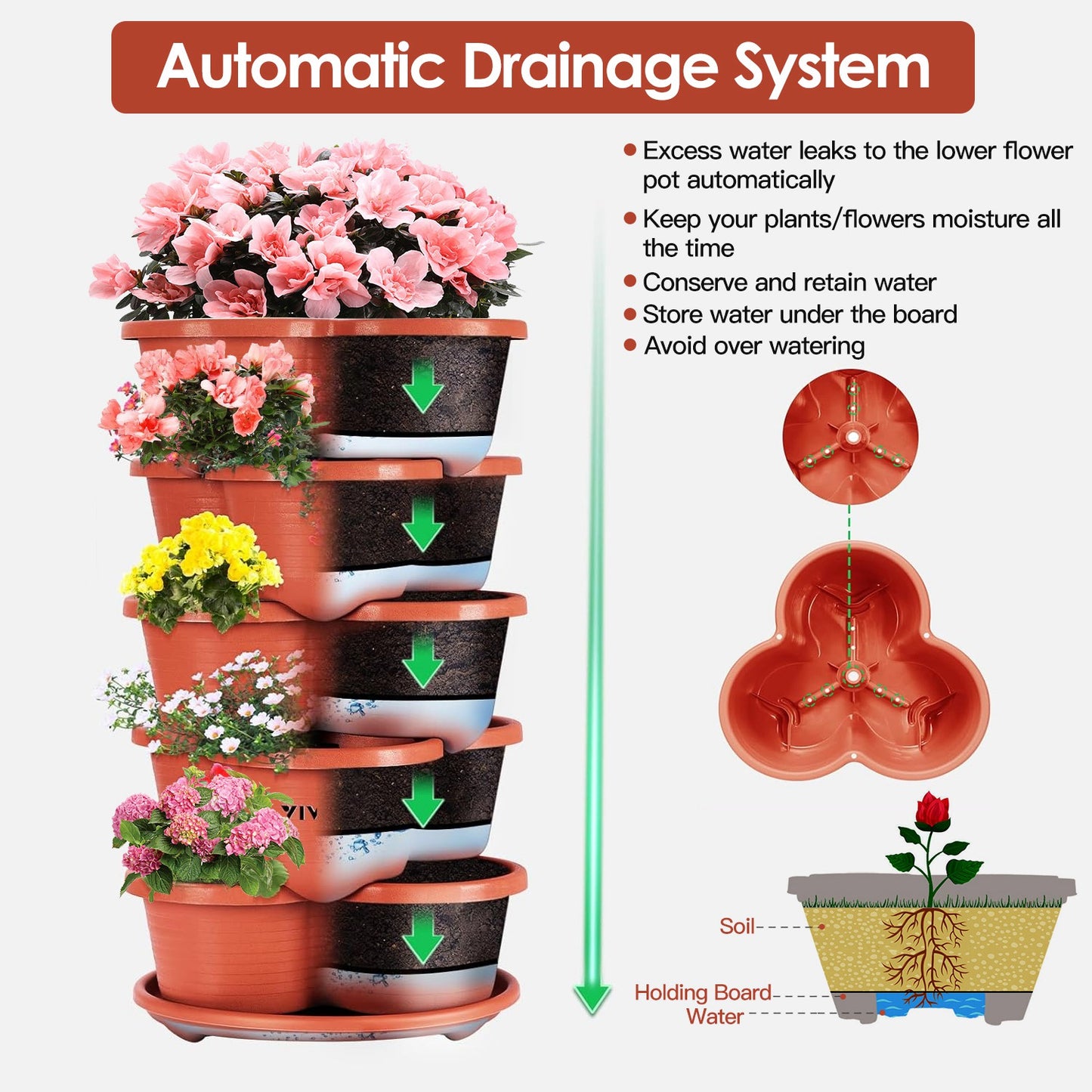5-Tier Stackable Vertical Planter with Drainage & Hanging Chain — 13.4"