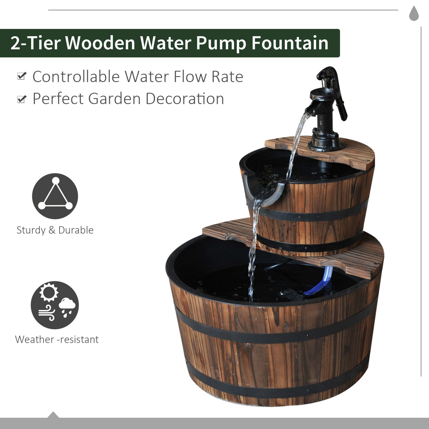 2-Tier Rustic Wood Barrel Outdoor Water Fountain with Pump, 23"