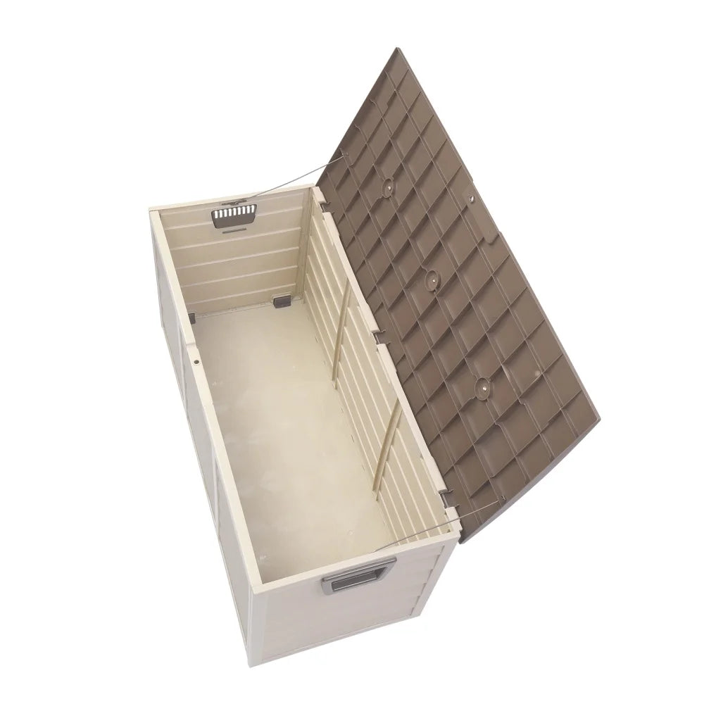 75 Gallon Plastic Yard Storage Box with 2 Wheels & Lockable Seat, Outdoor Storage Deck Box Chest for Backyard, Porch, Patio, Garden, All-Weather Storage Container for Tools, Toys, Brown