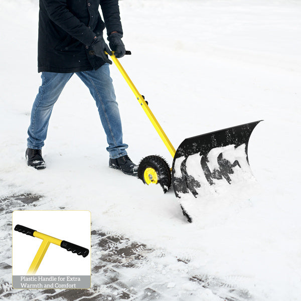 29" Wheeled Snow Pusher Shovel: Adjustable Handle Heavy-Duty Plow