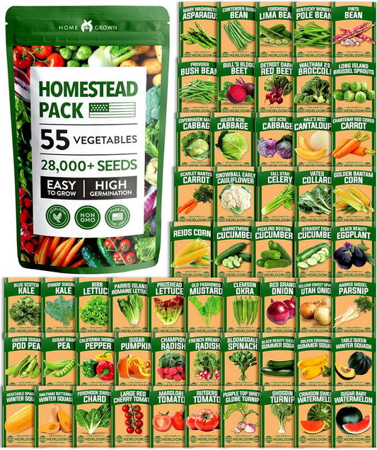 55 Vegetable Seeds Pack – 28,000+ 𝗨𝗦𝗔 Heirloom 𝗡𝗢𝗡-𝗚𝗠𝗢 Seeds for Planting – Spring, Fall, Winter Garden Kit – Survival Seed Vault for Preppers & Gardeners – Gift for Men & Women