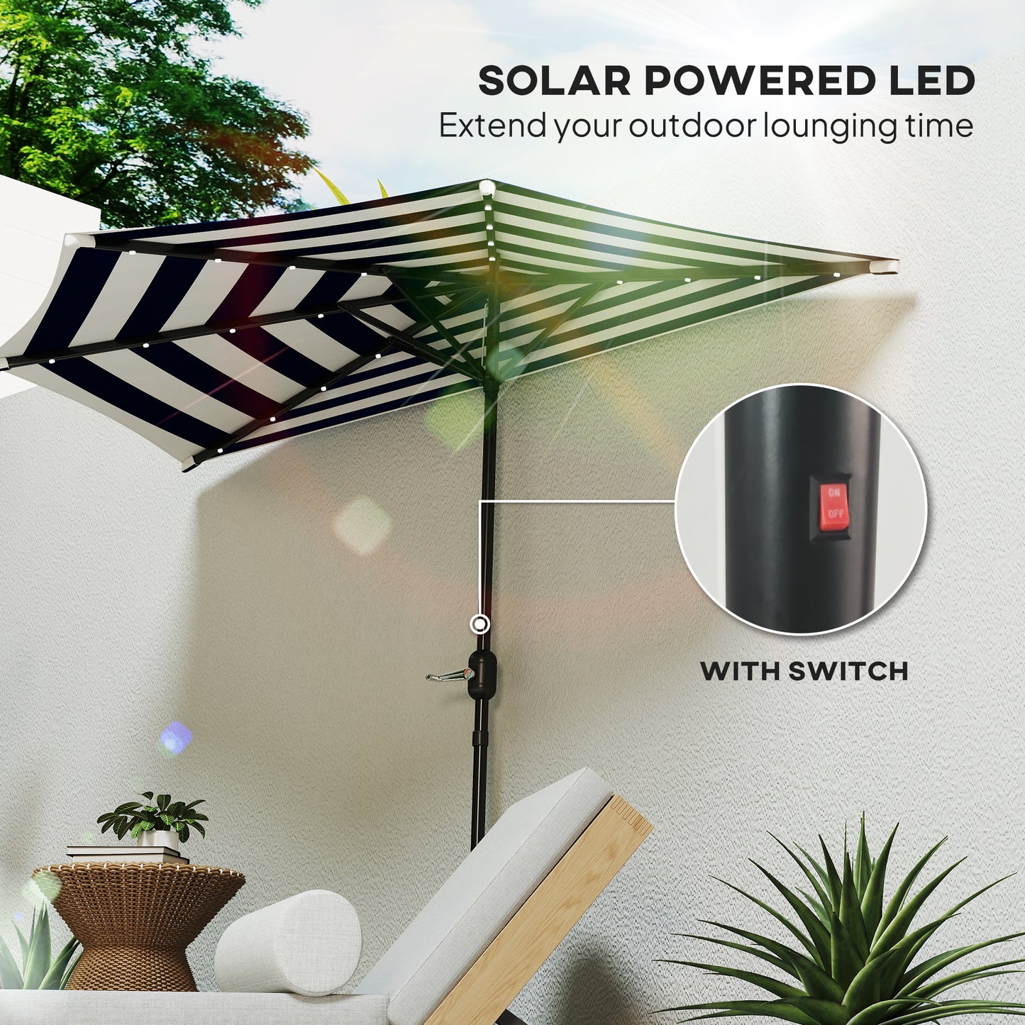 8.5 ft Solar LED Wall Umbrella – Wind Resistant, UPF 30+, Balcony & Patio