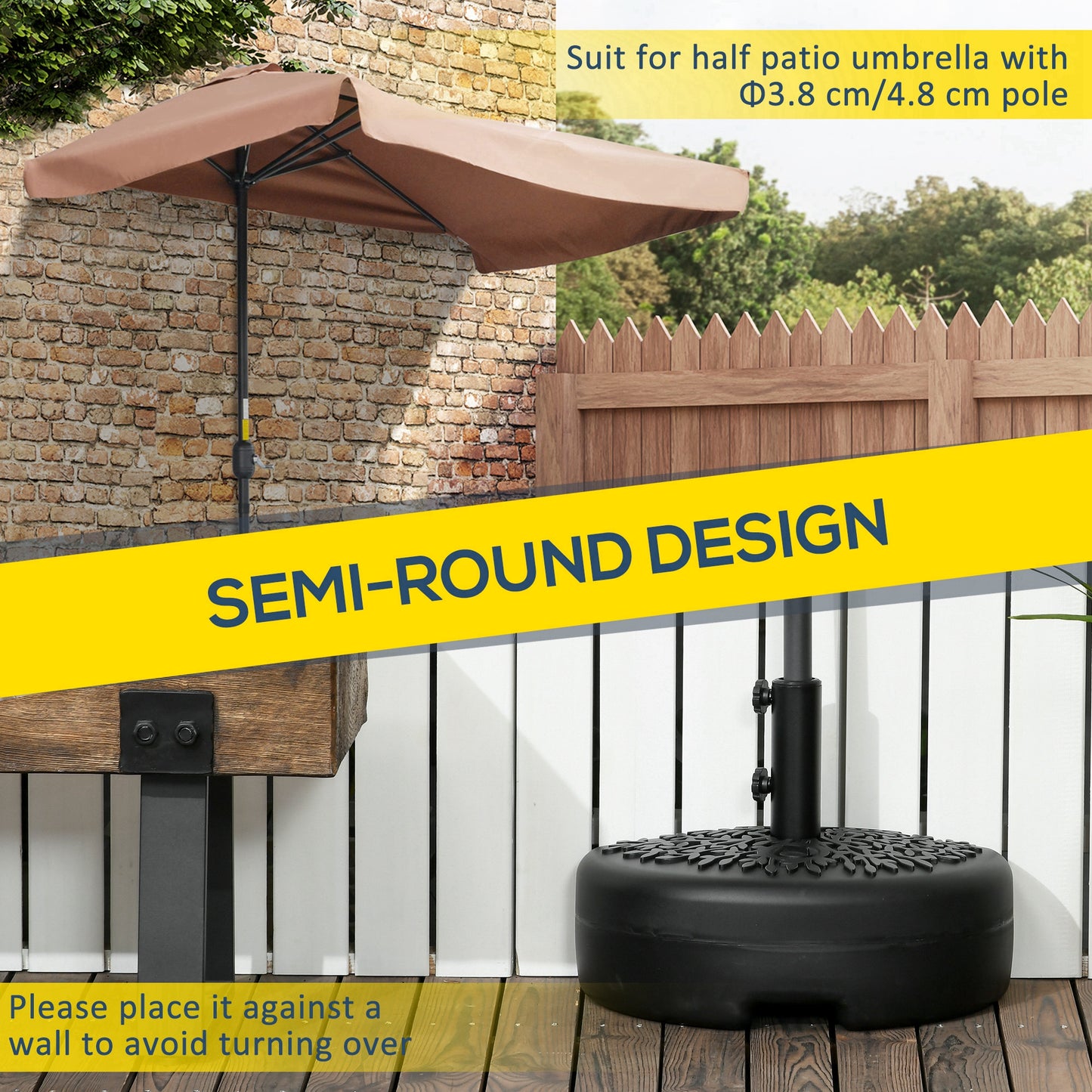 Half Round Fillable Patio Umbrella Base for Wall and Railing Placement, 46 lb Sand Capacity, Black
