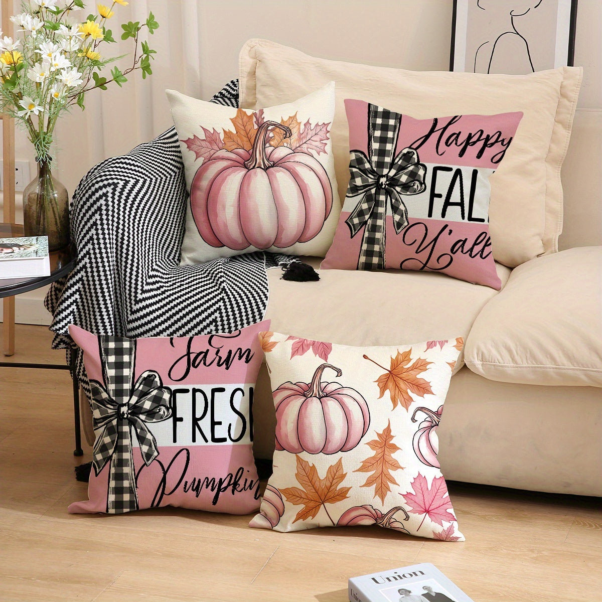 Fall Pumpkin & Maple Leaf Pillow Covers 18x18 - 4 Pack Farmhouse Autumn Decor