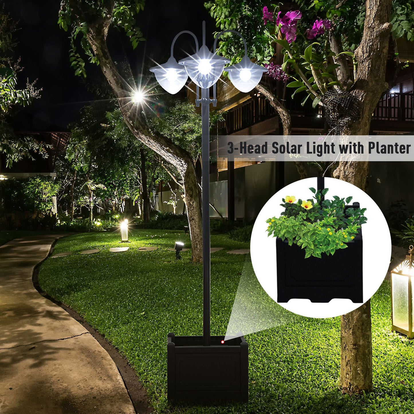 3-Head Solar Lamp Post with Planter Box — 74.5" Outdoor LED Pole Light