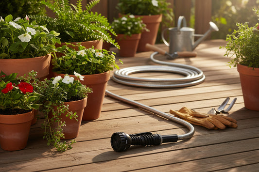 Set of flexible garden hoses with various nozzles on a white background