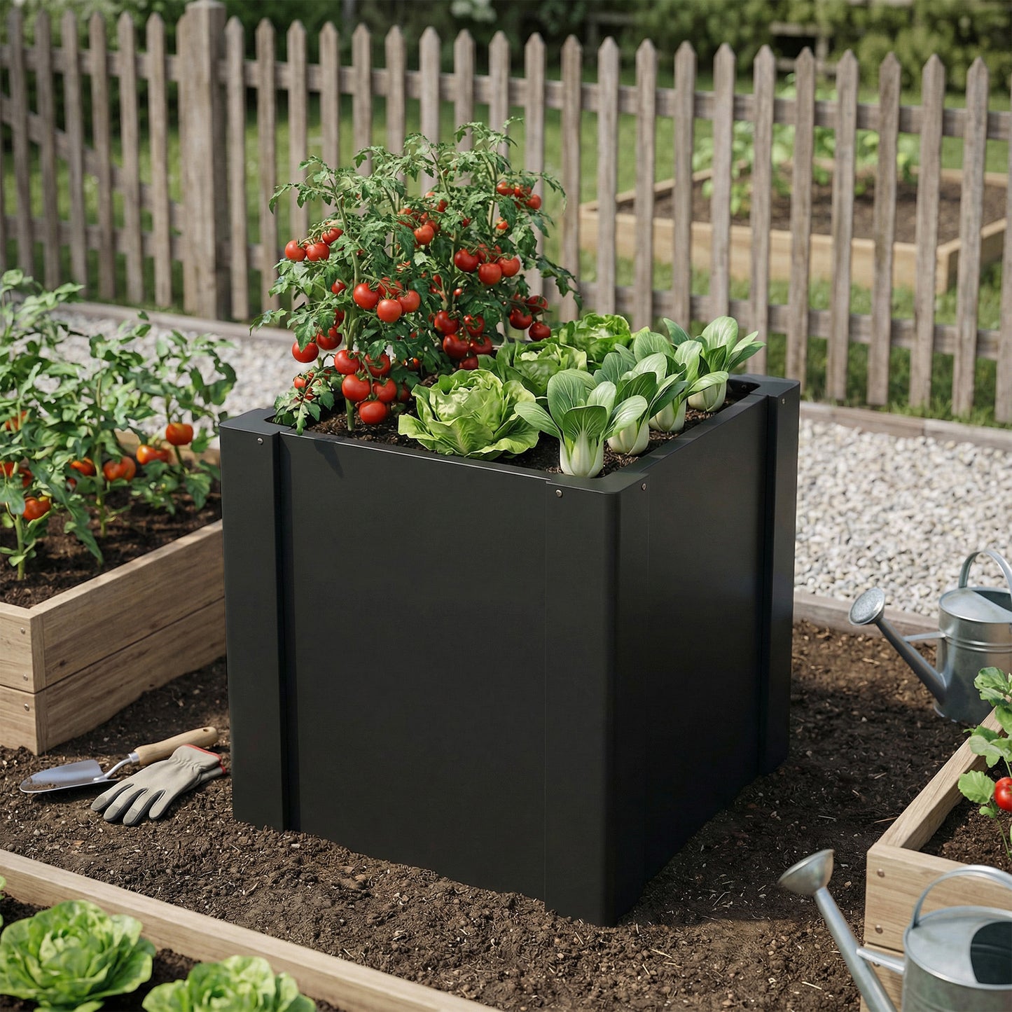 Extra-Deep Galvanized Steel Raised Garden Bed with Gloves, 1.4 x 1.4 x 1.5 ft – Black