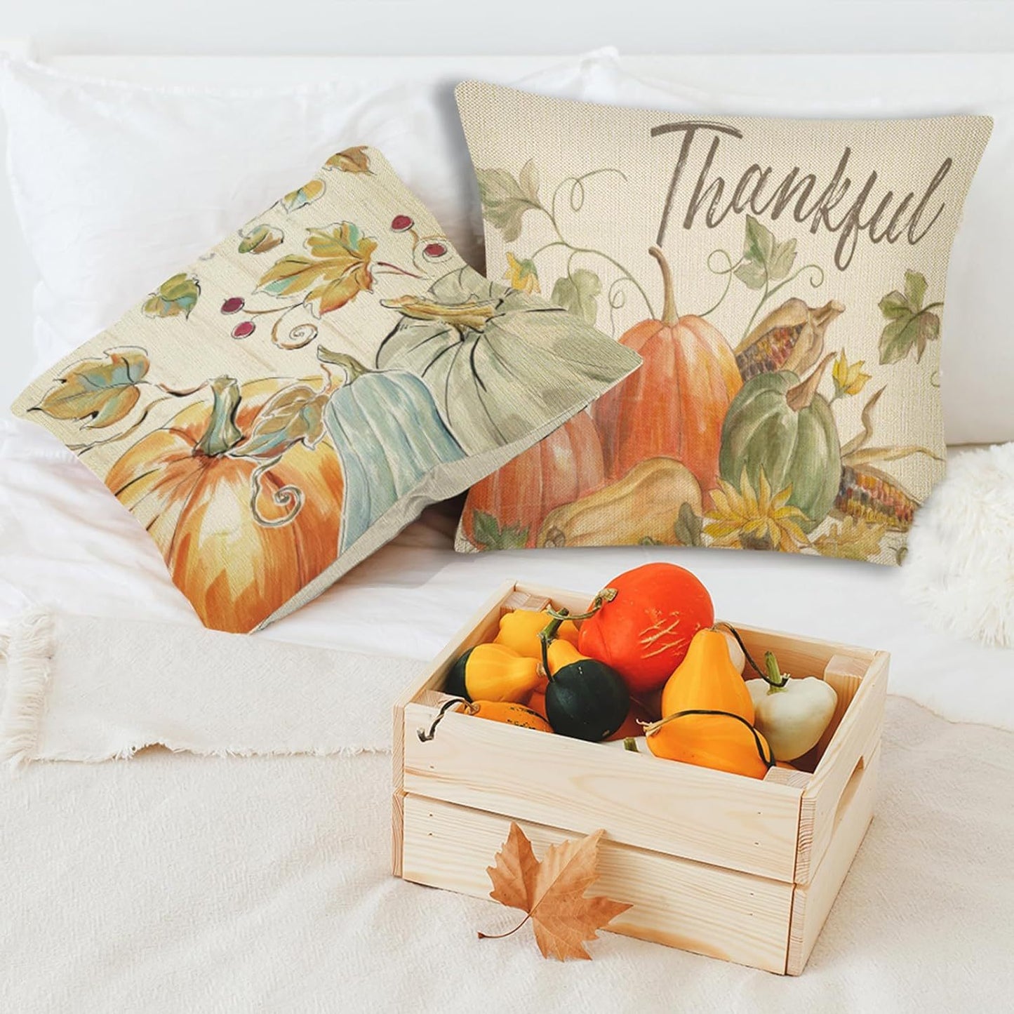 Thanksgiving Fall Throw Pillow Covers Set - 4 Pack Pumpkin Watercolor 18x18