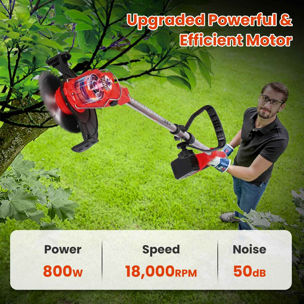 Cordless Grass Trimmer with Wheels - 800W, 3-in-1, Dual Battery