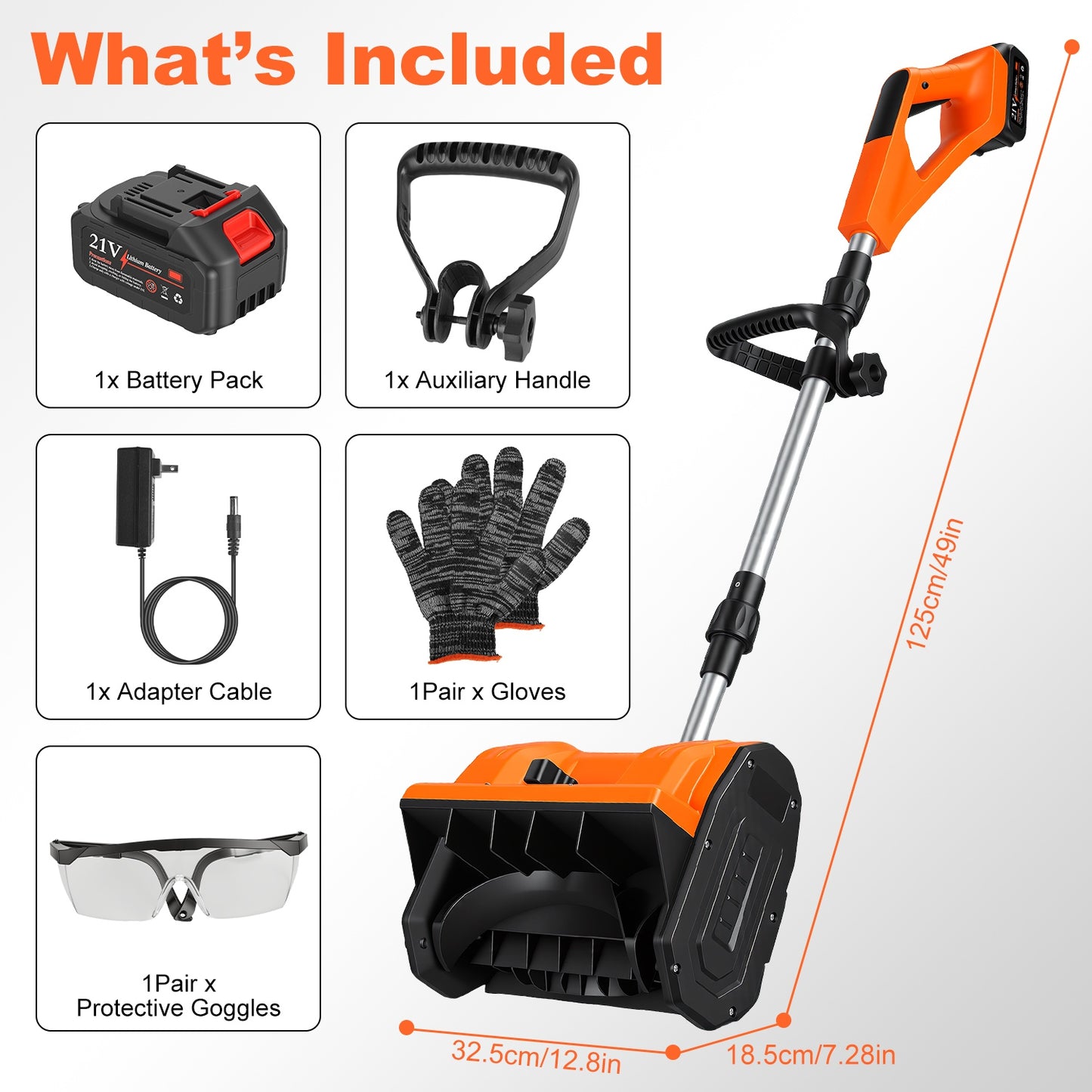 500W Cordless Snow Shovel with Battery, Gloves & Goggles - 21V Foldable