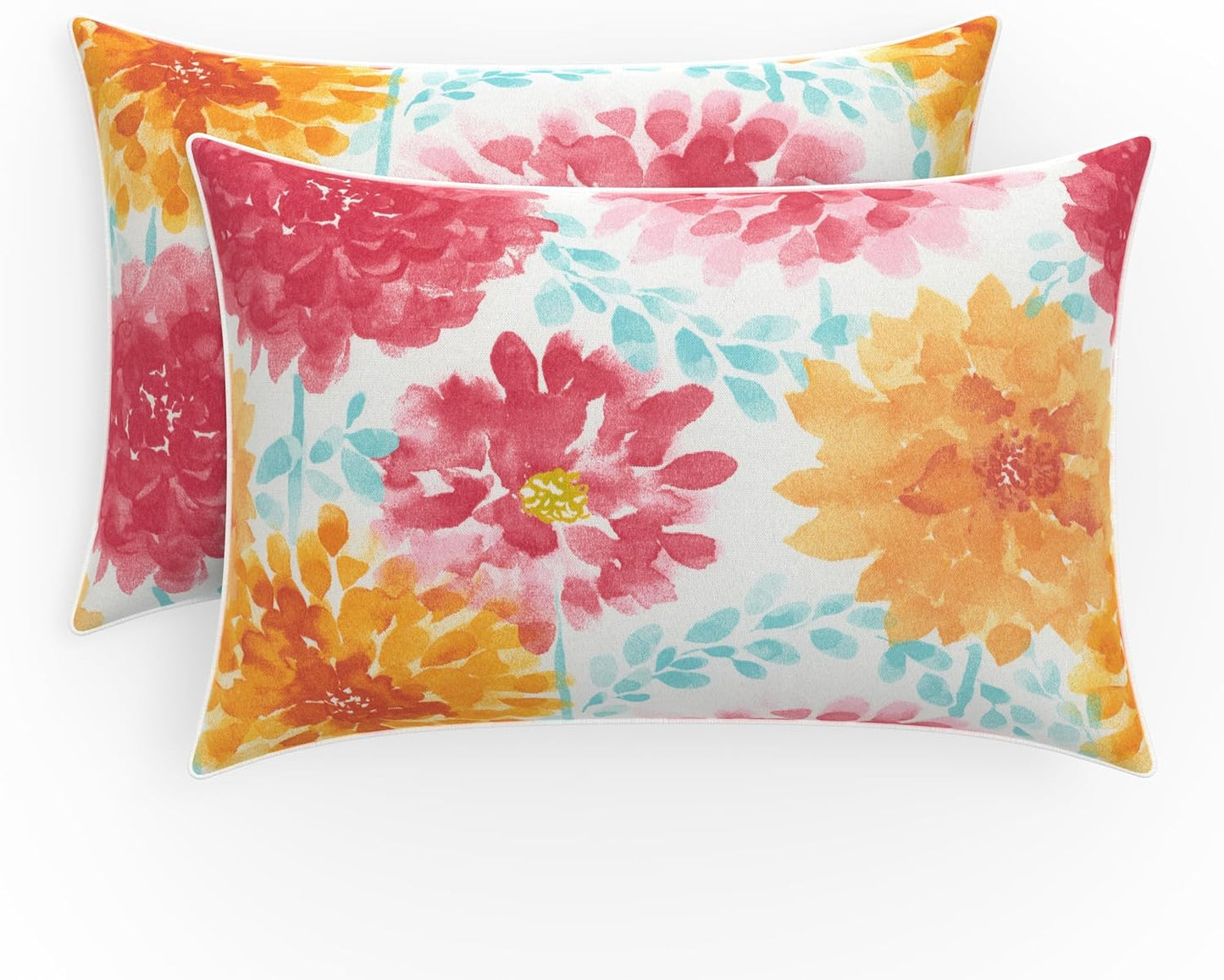 Floral Indoor/Outdoor Accent Throw Pillow Plush Fill, Weather, and Fade Resistant, Lumbar - 11.5" X 18.5", Blue/Brown Pom Pom Play 2 Count
