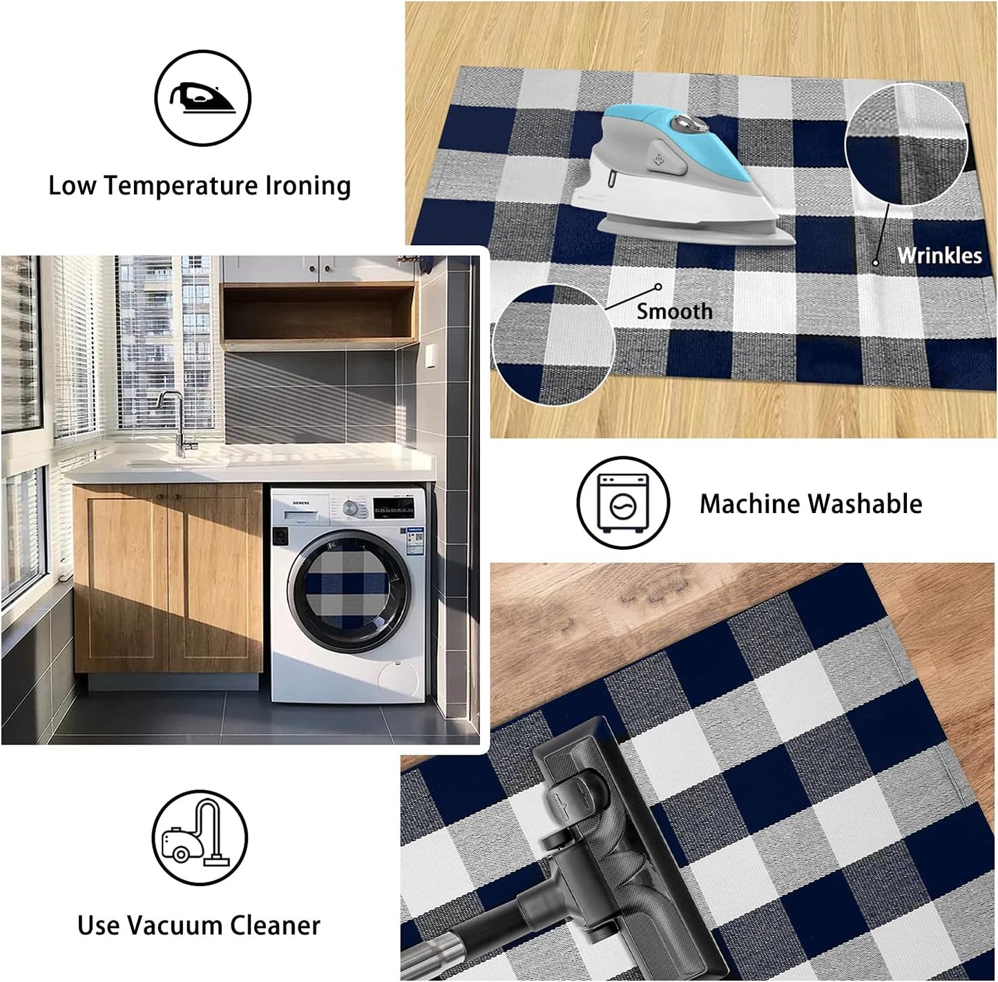 Buffalo Plaid Outdoor Rug Navy Blue 3'X5', Cotton Hand-Woven Checkered Door Mat, Reversible Foldable Washable Outdoor Rug for Layered Door Mats Porch/Front Door (35.4''X59'')