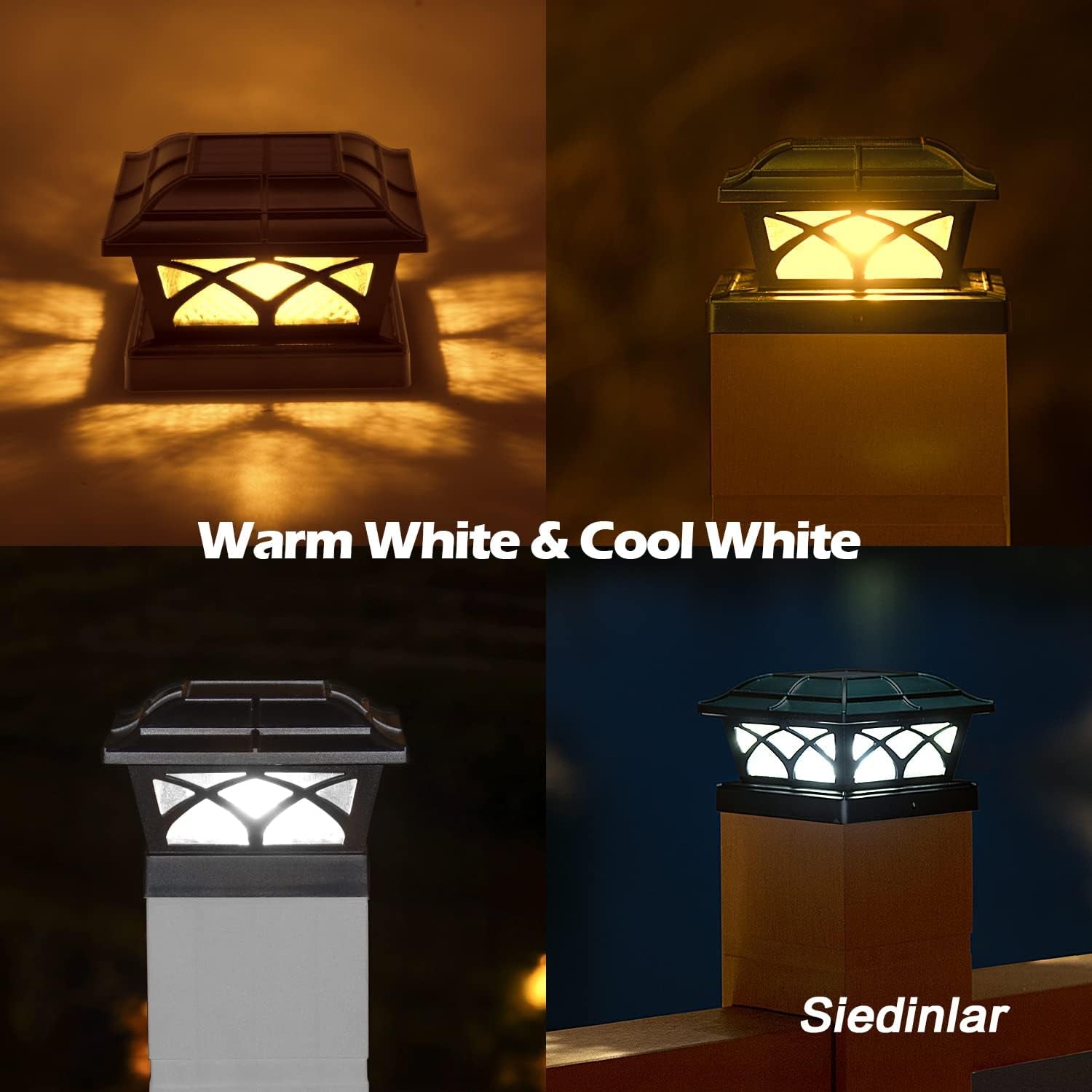 Solar Post Cap Lights Outdoor Glass 2 Modes 8 Leds for 4X4 5X5 6X6 Posts Deck Fence Patio Decoration Warm White/Cool White Lighting Black (2 Pack)