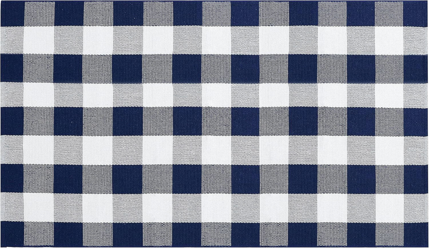Buffalo Plaid Outdoor Rug Navy Blue 3'X5', Cotton Hand-Woven Checkered Door Mat, Reversible Foldable Washable Outdoor Rug for Layered Door Mats Porch/Front Door (35.4''X59'')