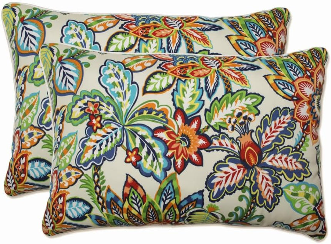 Floral Indoor/Outdoor Accent Throw Pillow Plush Fill, Weather, and Fade Resistant, Lumbar - 11.5" X 18.5", Blue/Brown Pom Pom Play 2 Count