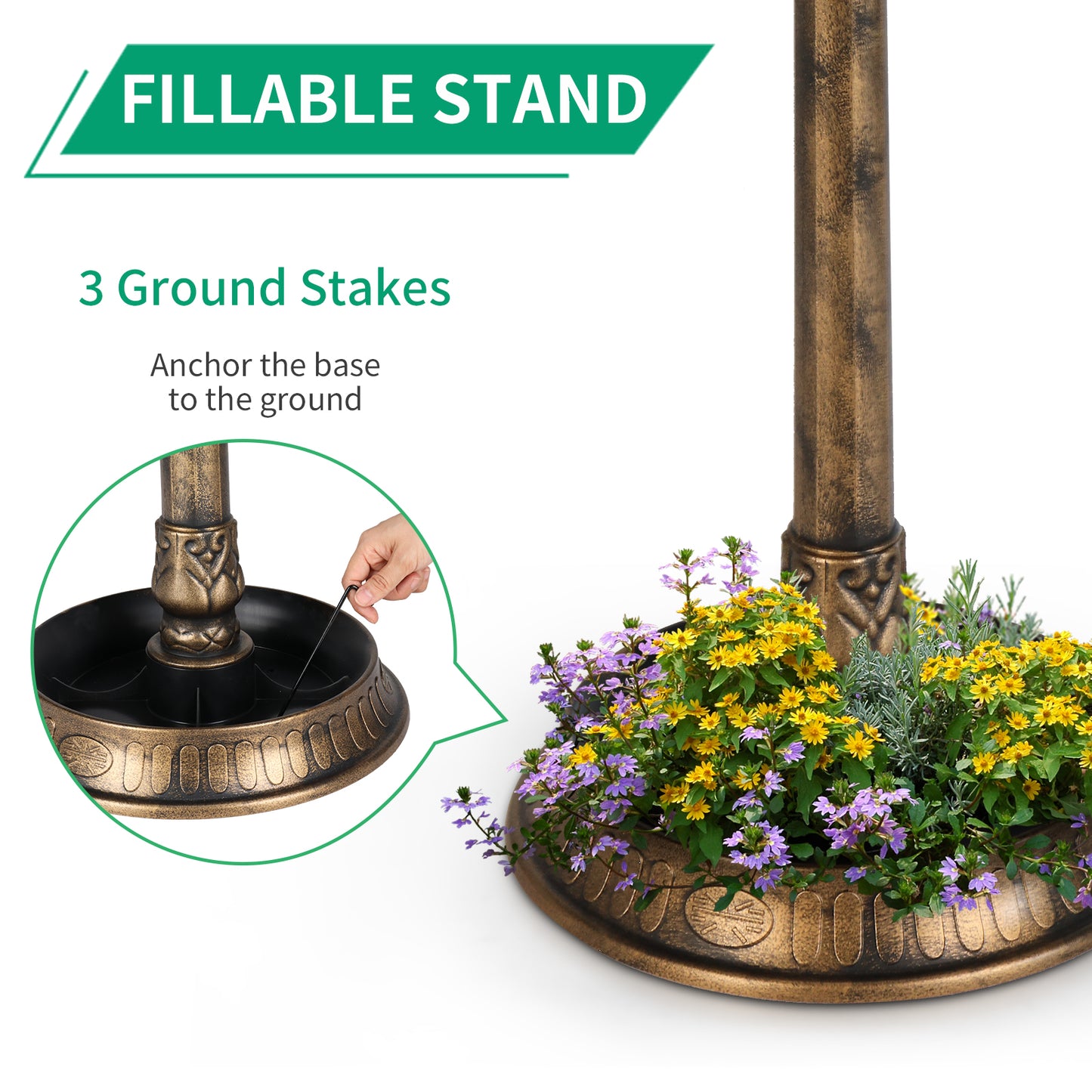 Solar Lighted Bird Bath with Antique Bronze Finish | Weather-Resistant, 42" Tall