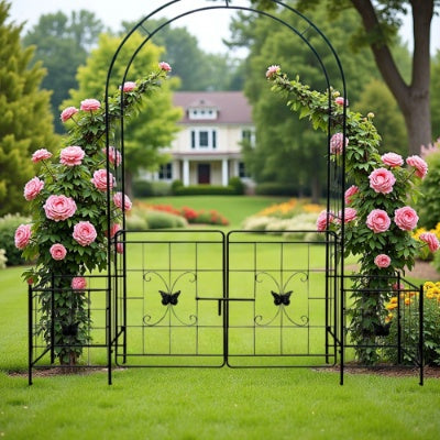 Iron Garden Arch Arbor with Gate & Lattice Panels – Easy Assembly, Climbing Plants