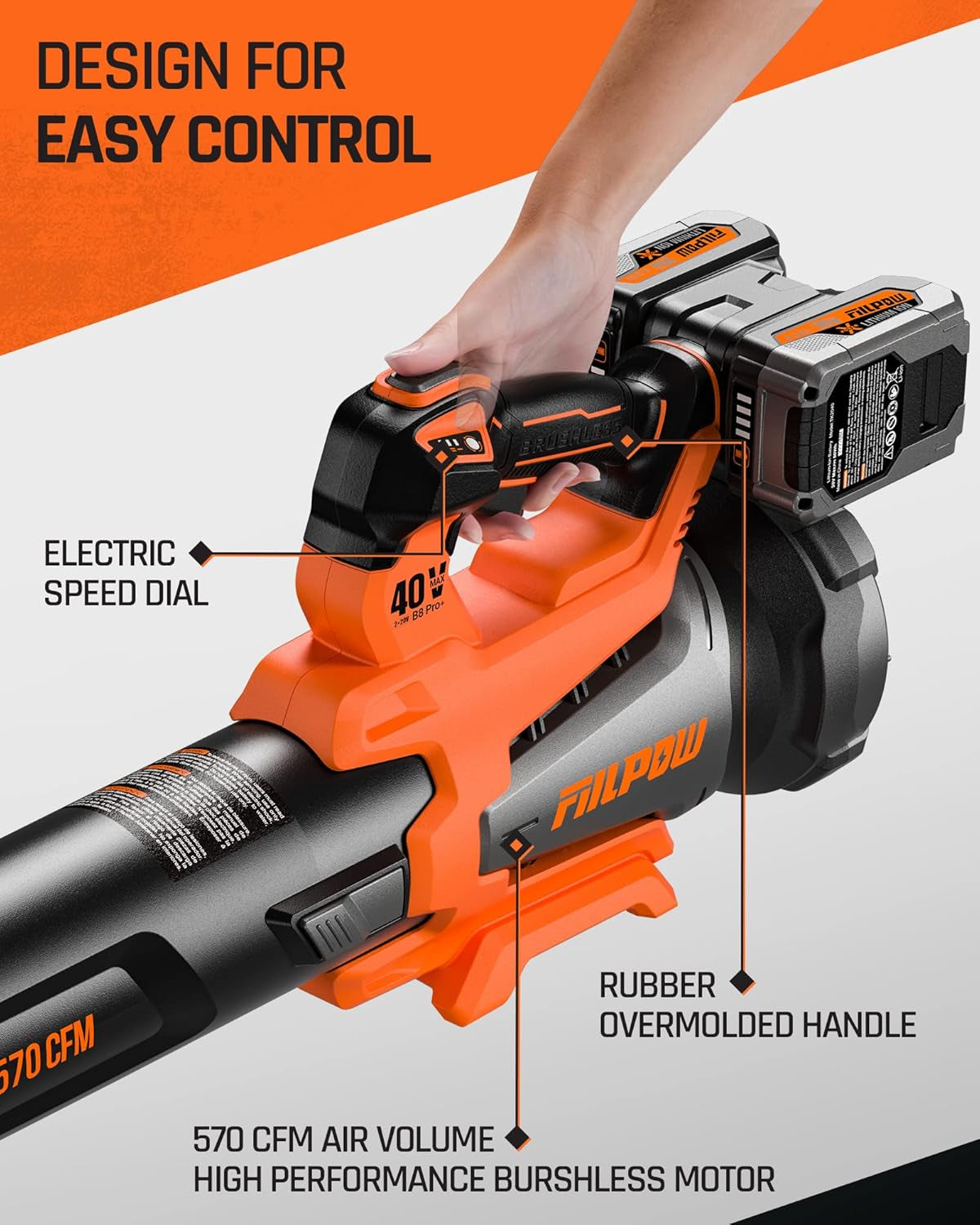 40V 570CFM Leaf Blower, Brushless Leaf Blower Cordless with 2×4.0Ah Batteries and Fast Charger, Turbo Mode and 3 Variable Speed Lock, Axial Fan, Blower for Lawn Care, Yard, Driveway, Walkway