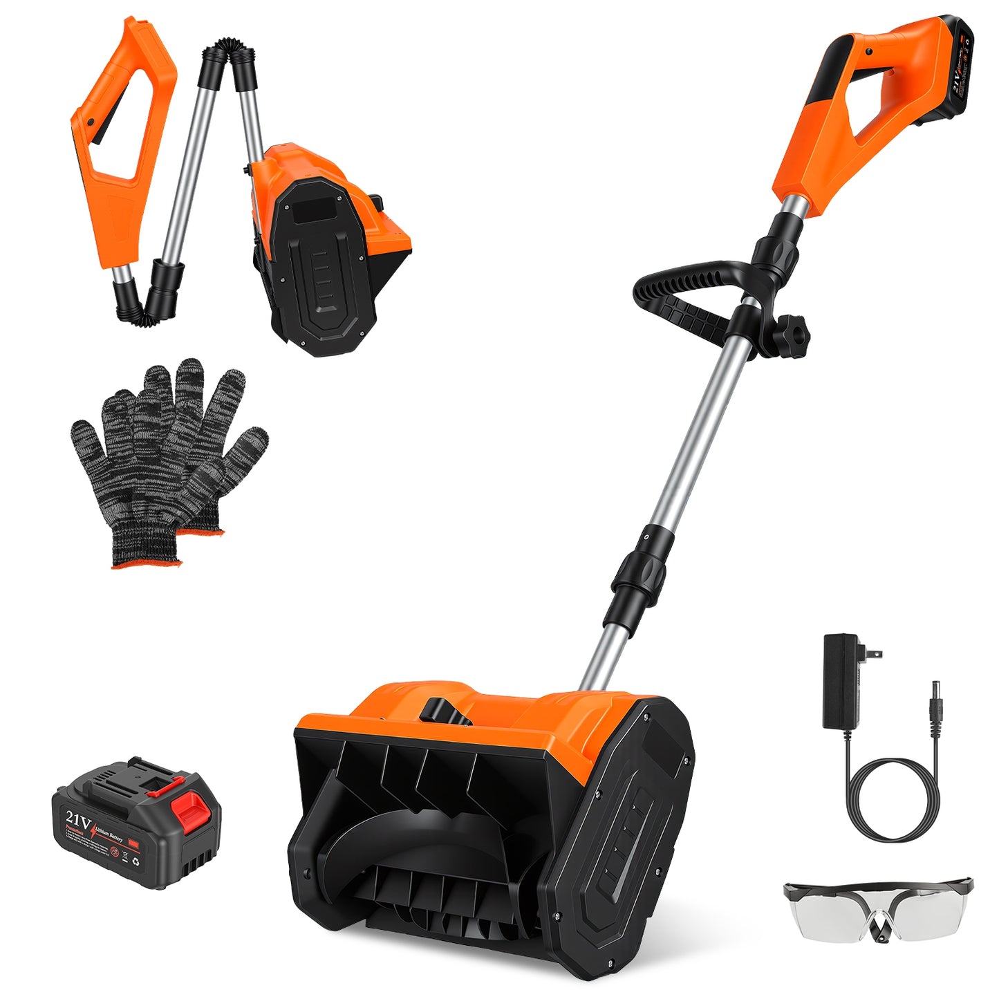 500W Cordless Snow Shovel with Battery, Gloves & Goggles - 21V Foldable