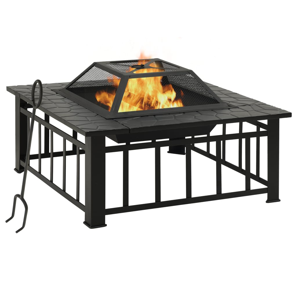 Fire Pit with Poker & Spark Screen - 79x79cm Steel Outdoor Fire Bowl