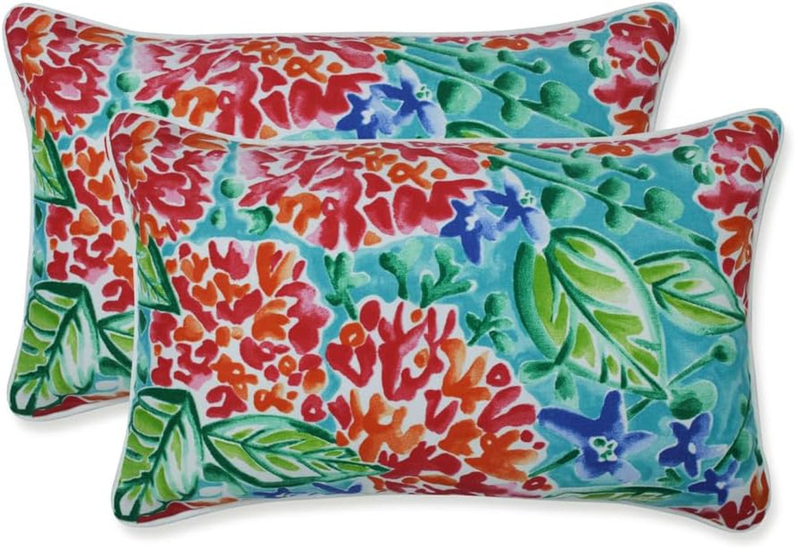 Floral Indoor/Outdoor Accent Throw Pillow Plush Fill, Weather, and Fade Resistant, Lumbar - 11.5" X 18.5", Blue/Brown Pom Pom Play 2 Count