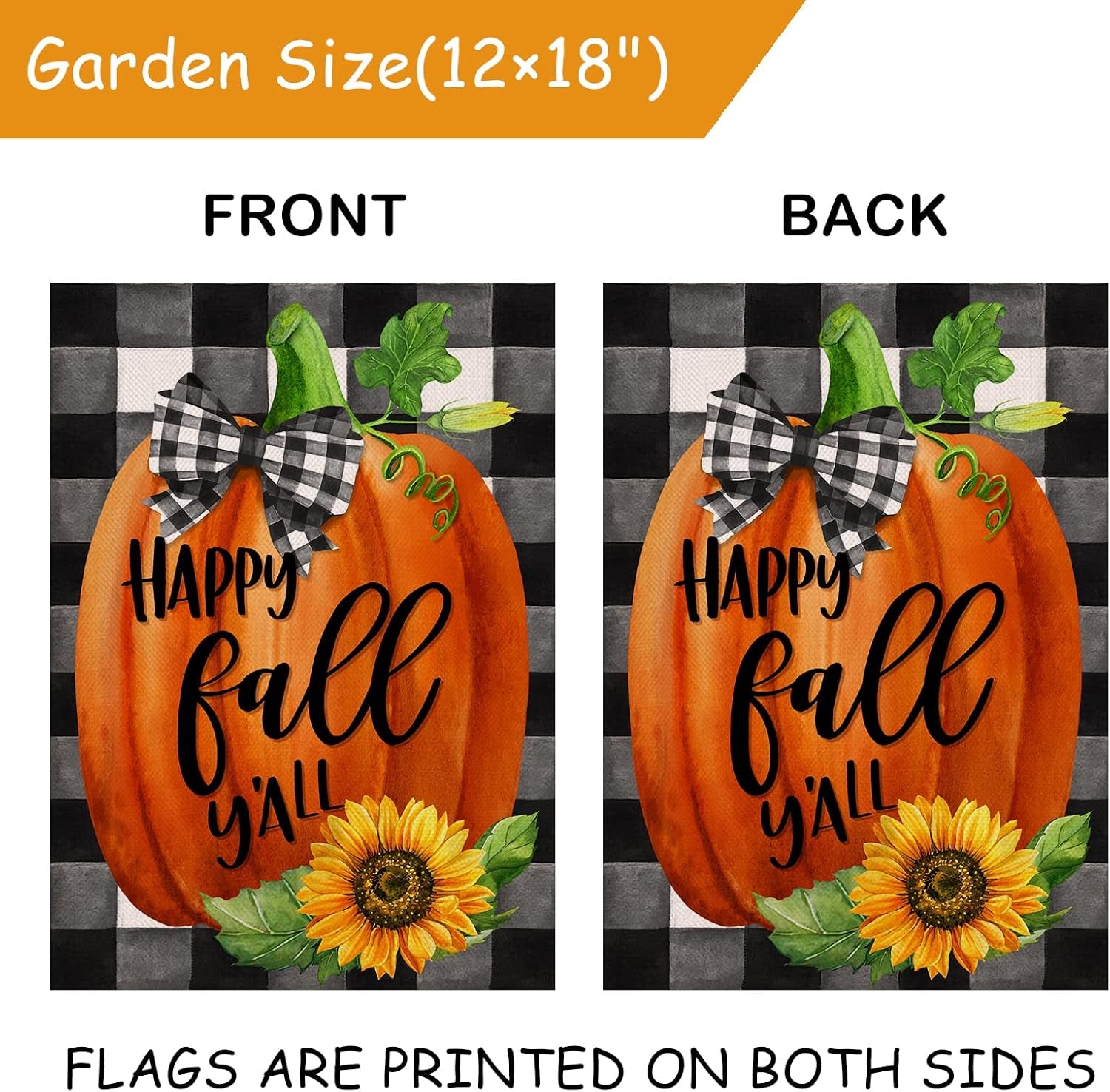 Happy Fall Y'All Farmhouse Pumpkin Decorative Burlap Garden Flag, Buffalo Plaid Check Home Yard Small Outdoor Decor, Rustic Autumn Harvest Sunflower outside Decoration Double Sided 12 X 18