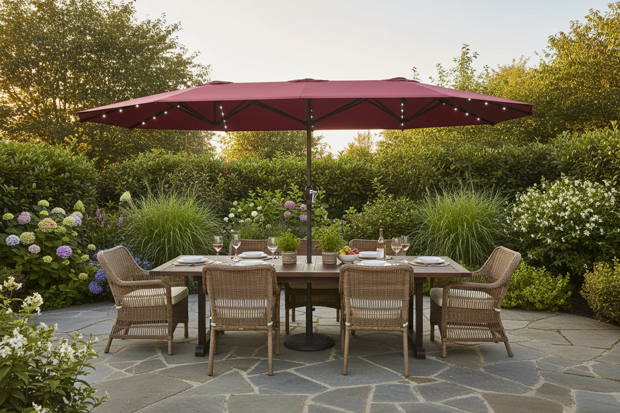 15 Ft Solar LED Patio Umbrella Parasol | Double-Sided, UV Blocking, Crank Lift