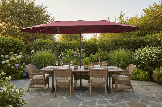 15 Ft Solar LED Patio Umbrella Parasol | Double-Sided, UV Blocking, Crank Lift