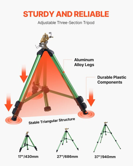 Impact Sprinkler on Tripod Base, Brass Head, 360° Coverage, Adjustable 17–37 in