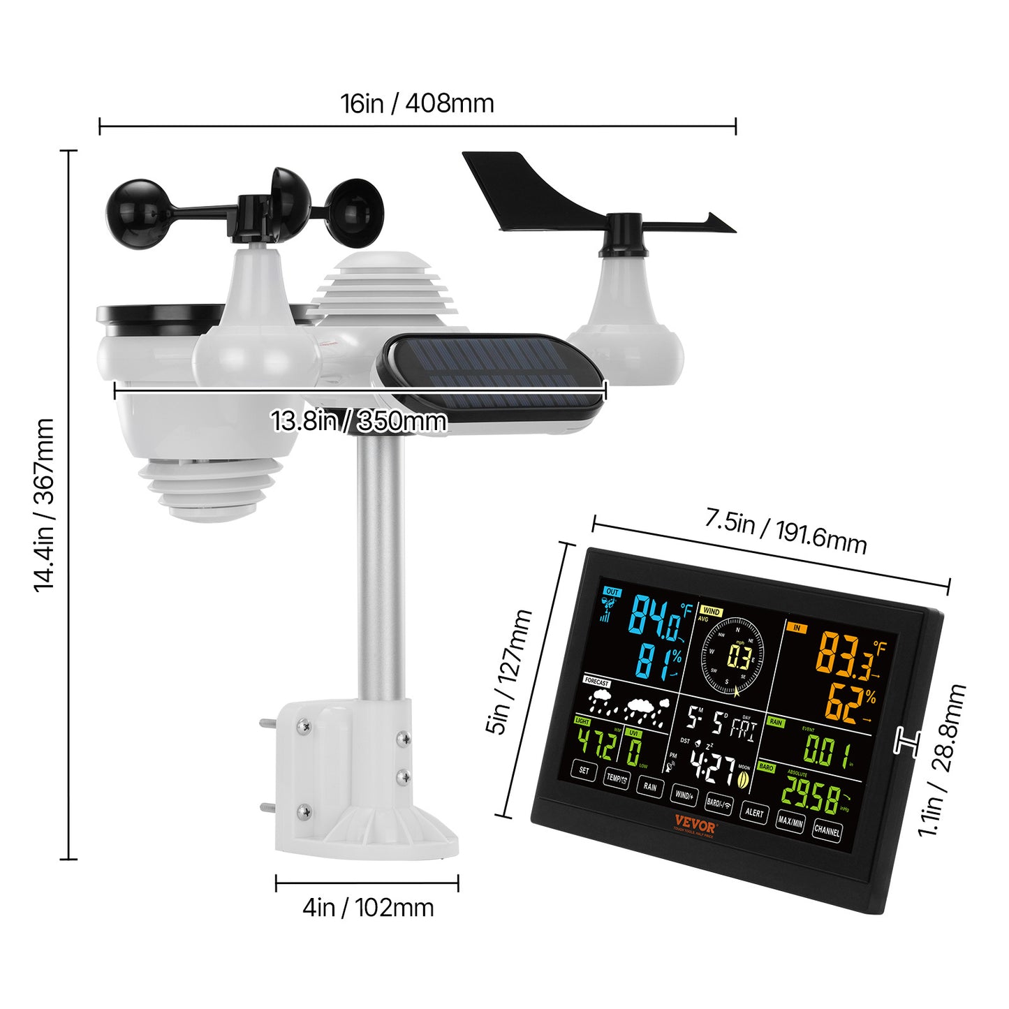 VEVOR 7-in-1 Wireless Weather Station – 7.5" Color Display with Solar Power