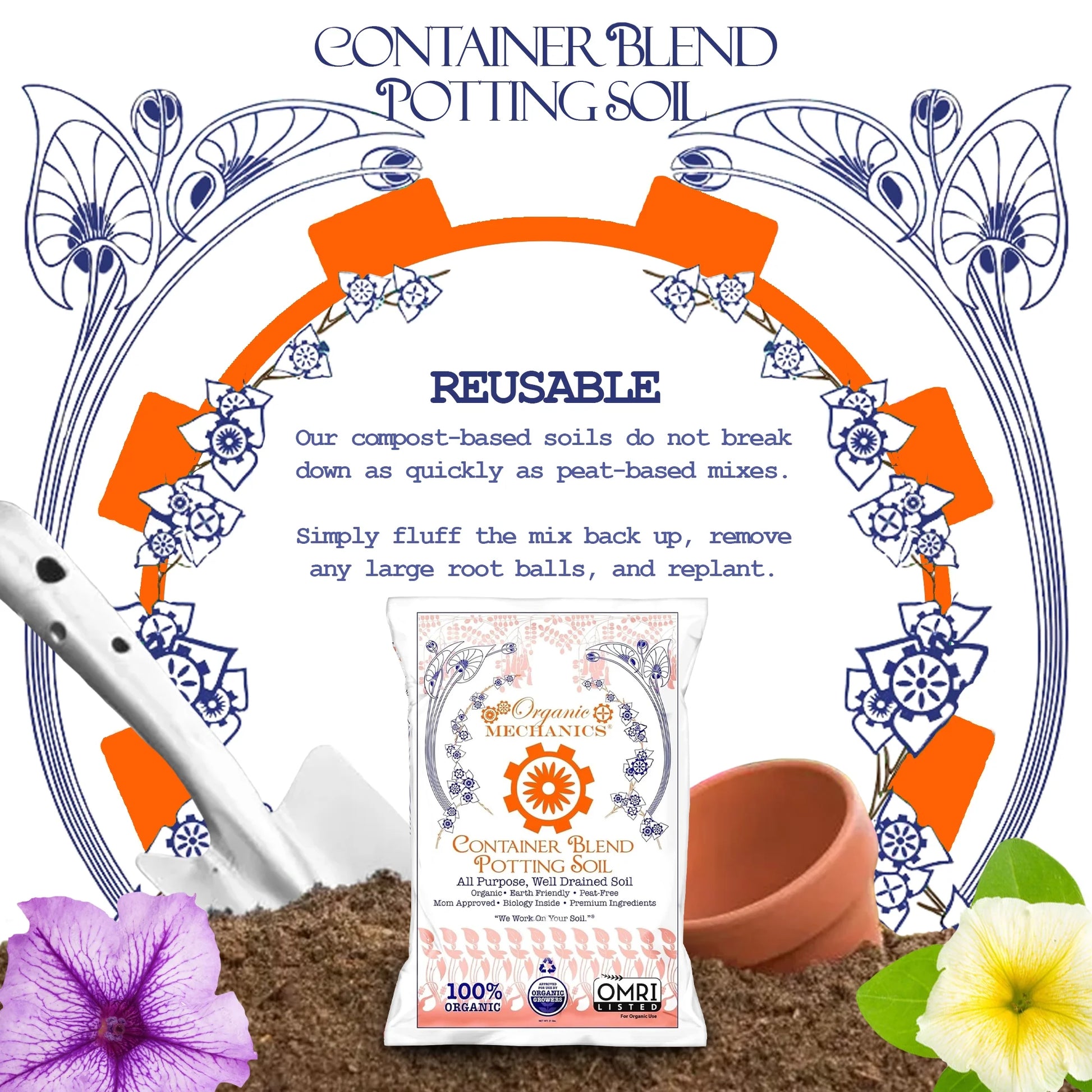 Container Blend Potting Soil, 2 Cu Ft - All-Purpose, Peat-Free, Well-Drained Blend with Compost, Rice Hulls, and Worm Castings for Growing Annuals, Perennials, Woody Plants