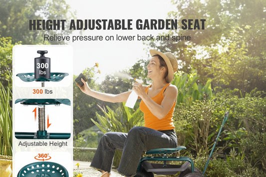Height-Adjustable Rolling Garden Seat with Swivel, Wheels & Tool Tray