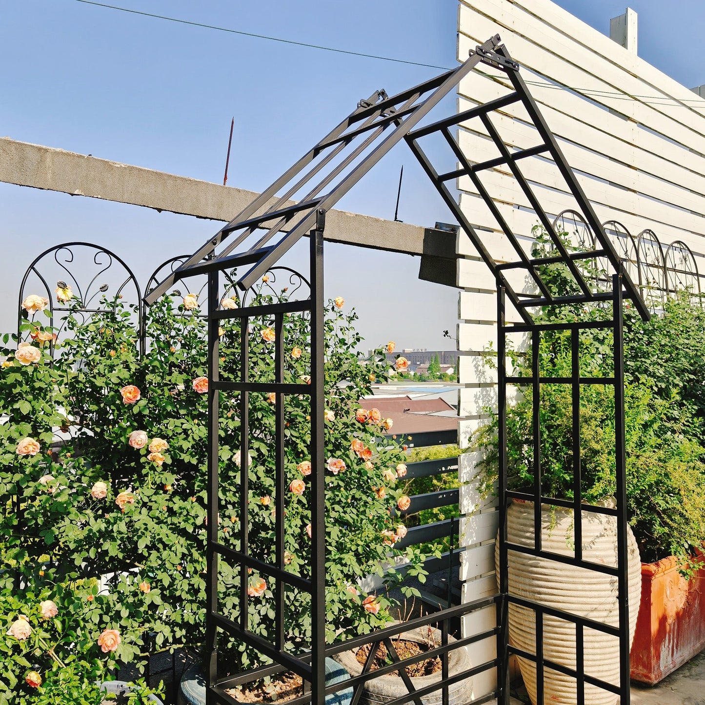 Metal Garden Arch with Convertible Flower Stand & Bench – 97" Climbing Plant Support - Rooted Supplies