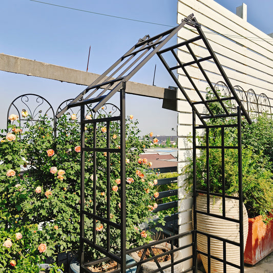 Metal Garden Arch with Convertible Flower Stand & Bench – 97" Climbing Plant Support