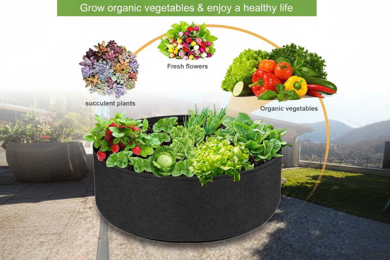 Black fabric planter with plants, labeled 'organic vegetables', 'fresh flowers', and 'succulent plants'.