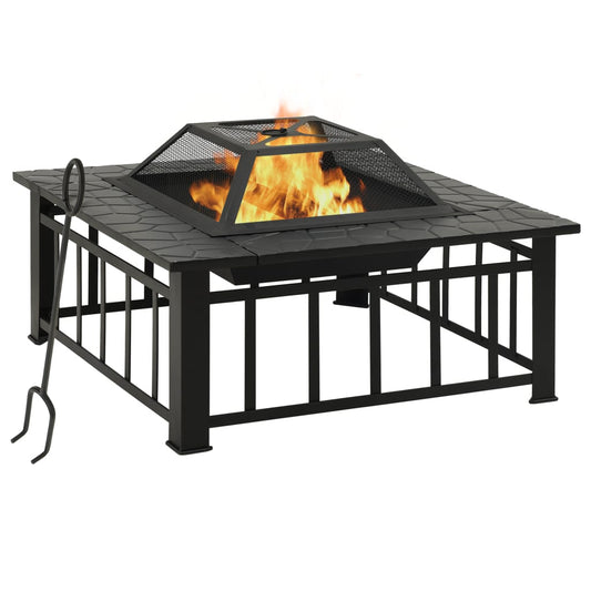 Fire Pit with Poker & Spark Screen - 79x79cm Steel Outdoor Fire Bowl
