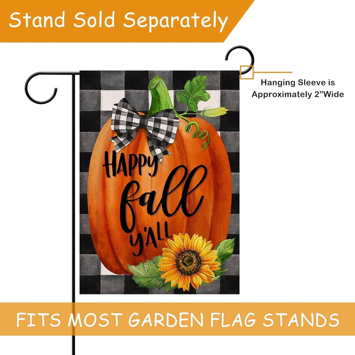 Happy Fall Y'All Farmhouse Pumpkin Decorative Burlap Garden Flag, Buffalo Plaid Check Home Yard Small Outdoor Decor, Rustic Autumn Harvest Sunflower outside Decoration Double Sided 12 X 18