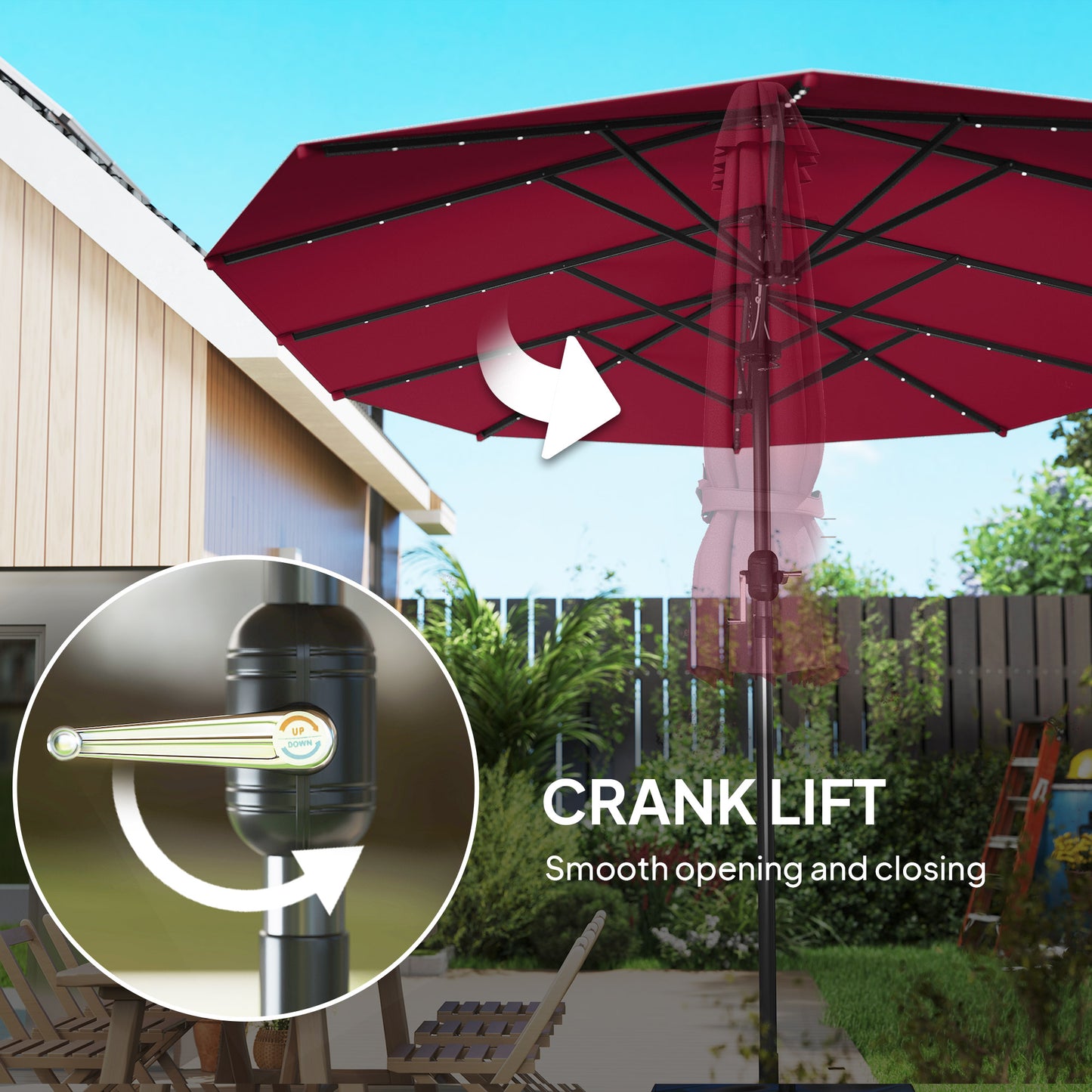 15 Ft Solar LED Patio Umbrella Parasol | Double-Sided, UV Blocking, Crank Lift