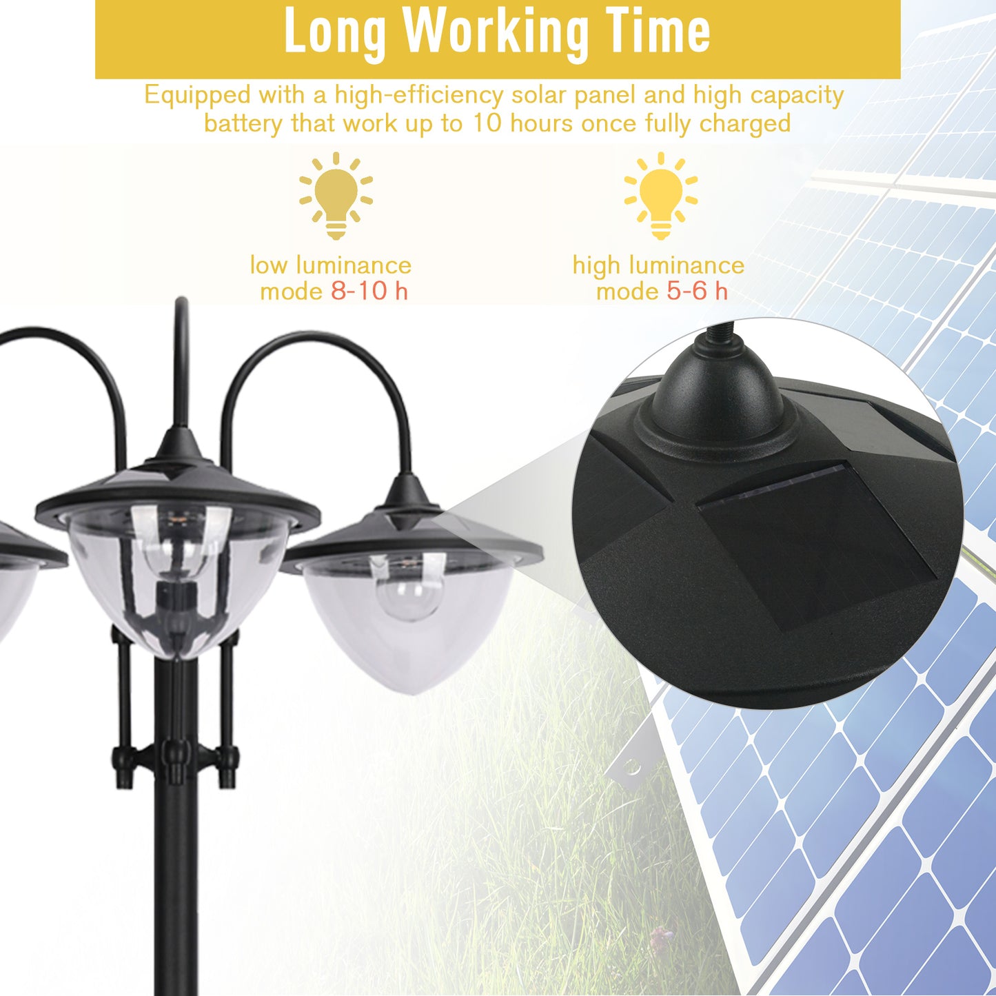 3-Head Solar Lamp Post with Planter Box — 74.5" Outdoor LED Pole Light