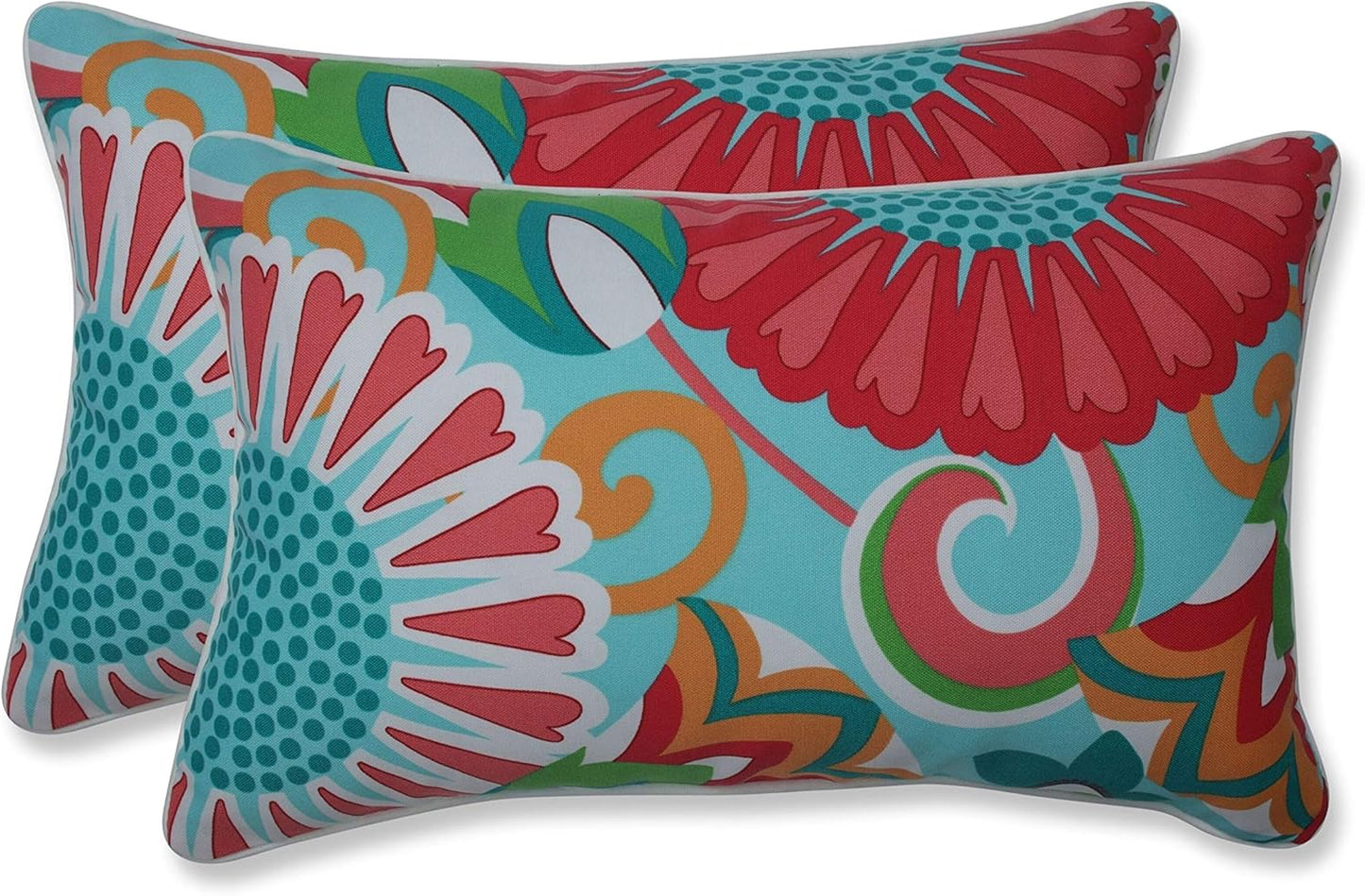 Floral Indoor/Outdoor Accent Throw Pillow Plush Fill, Weather, and Fade Resistant, Lumbar - 11.5" X 18.5", Blue/Brown Pom Pom Play 2 Count