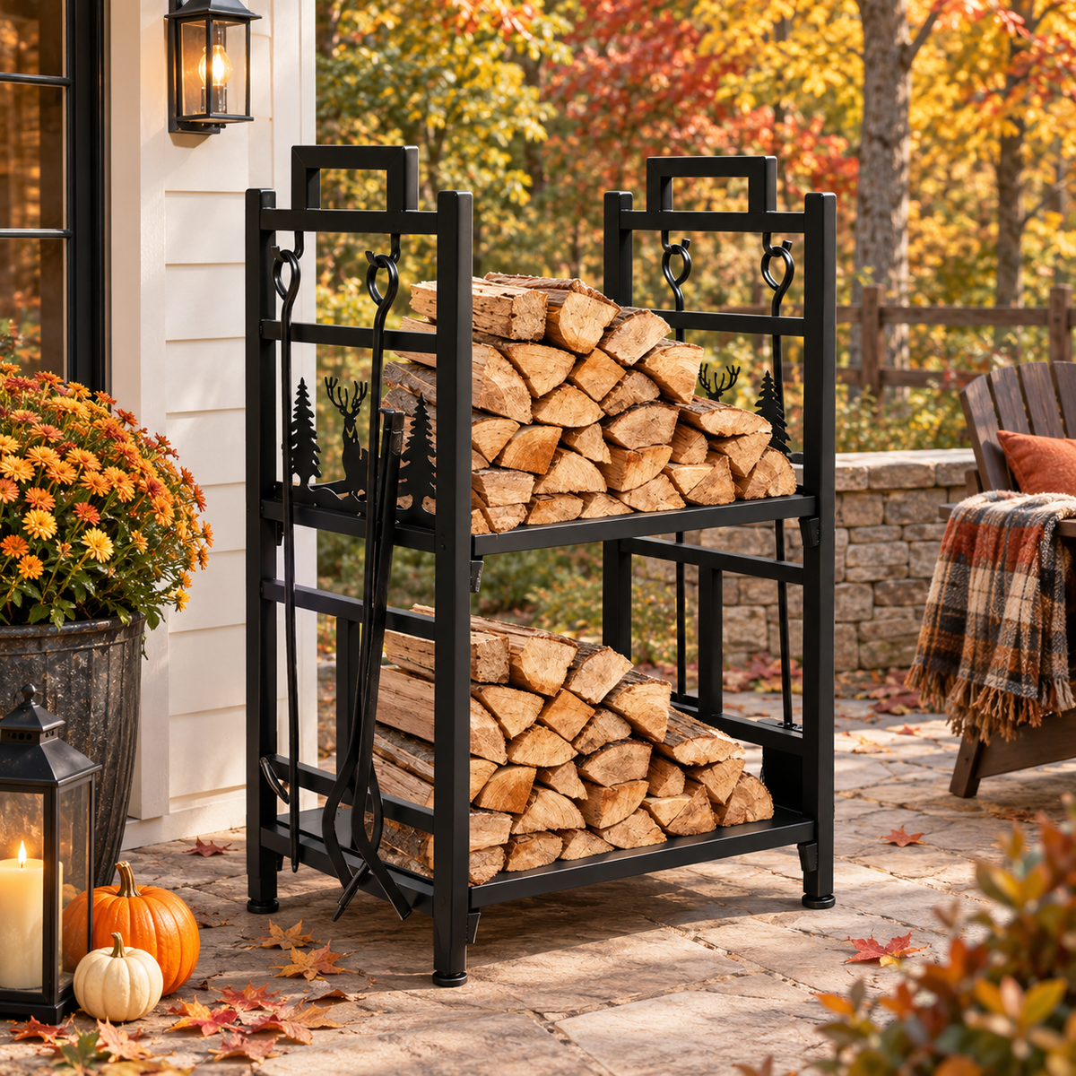 A black metal firewood storage rack holding stacked logs on an outdoor patio, with autumn foliage, pumpkins, a porch light, and a chair in the background.