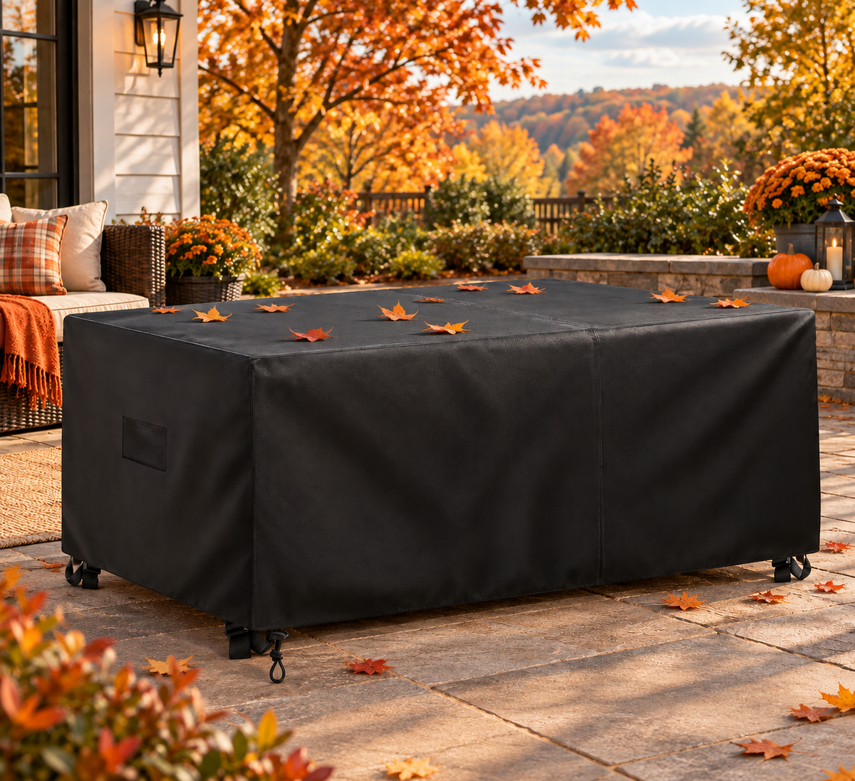 A large rectangular outdoor furniture cover in black sits on a stone patio in a fall yard. The cover has small wheels at the corners and is shown with scattered orange leaves on top.